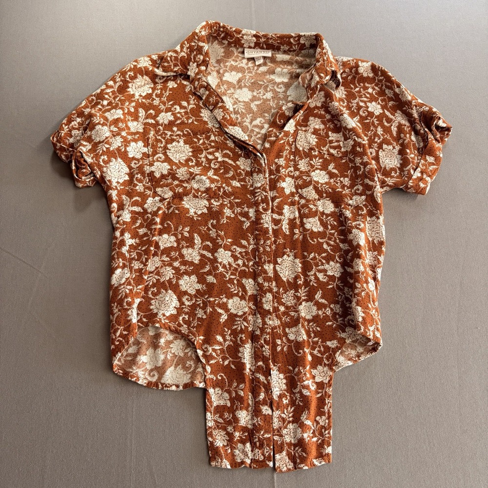 Shyanne XS Rust Floral Button Up Shirt Western Cowgirl Boho Rayon Womens